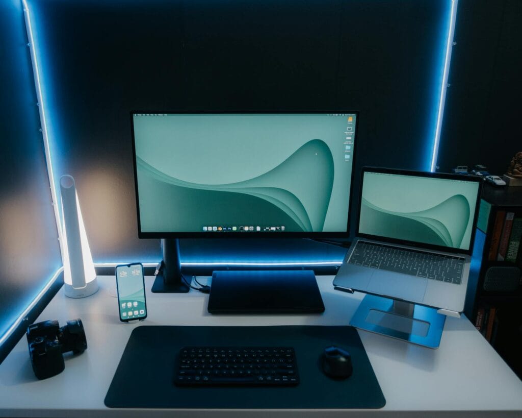 Professional working from home at desk late in evening